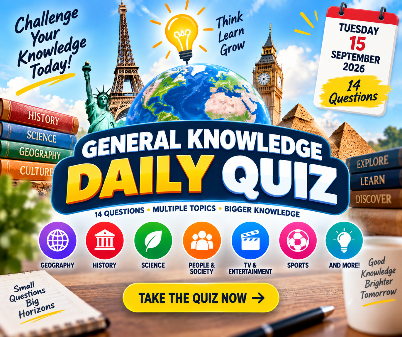 General Knowledge Quiz for Tuesday, 15 September 2026 – 14 Questions